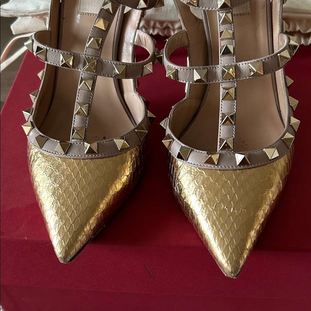 Valentino Gold and Beige Studded Heels - Picture 2 of 9